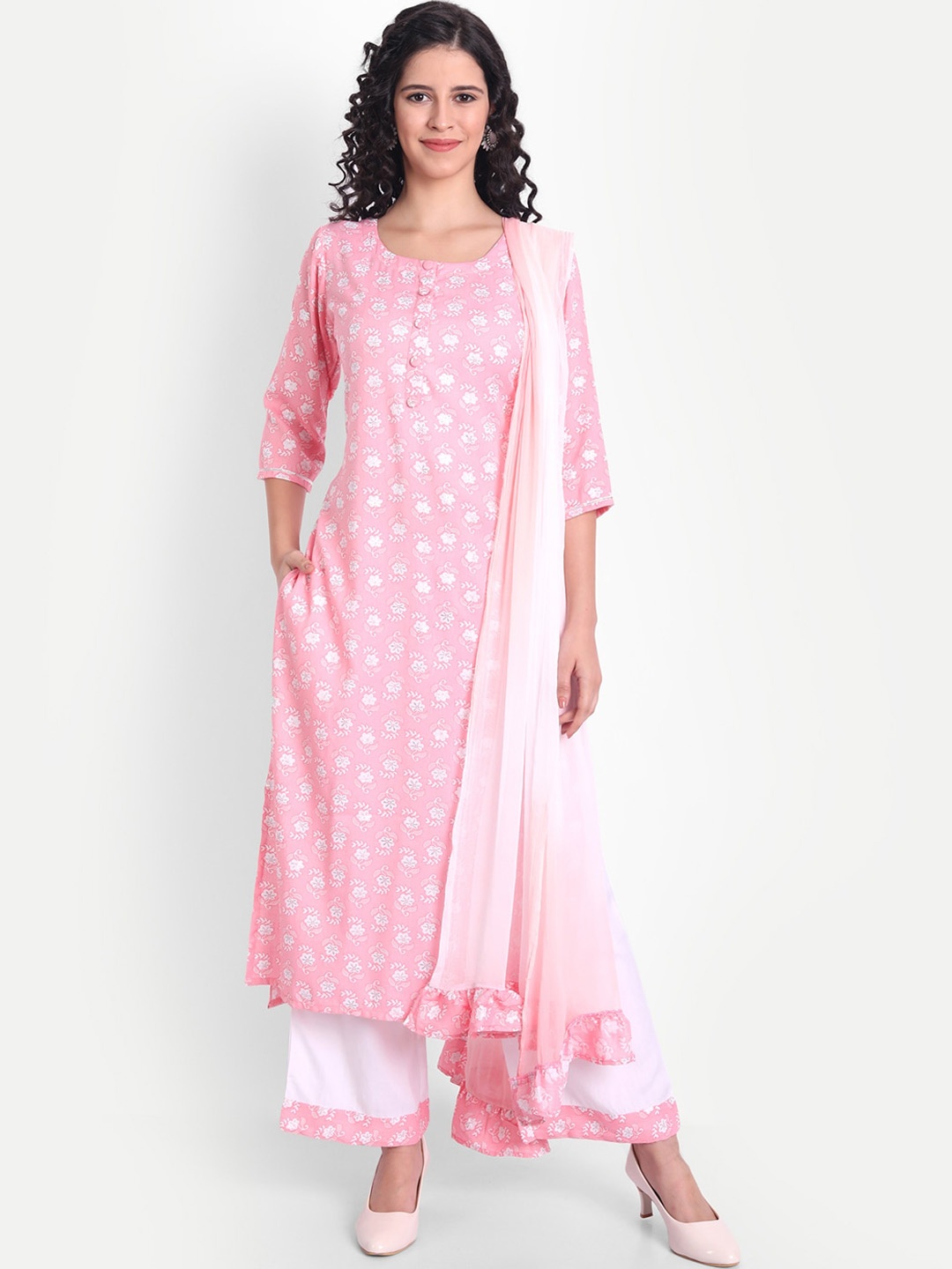 

V TRADITION Women Pink Ethnic Motifs Printed Kurta with Palazzos & With Dupatta