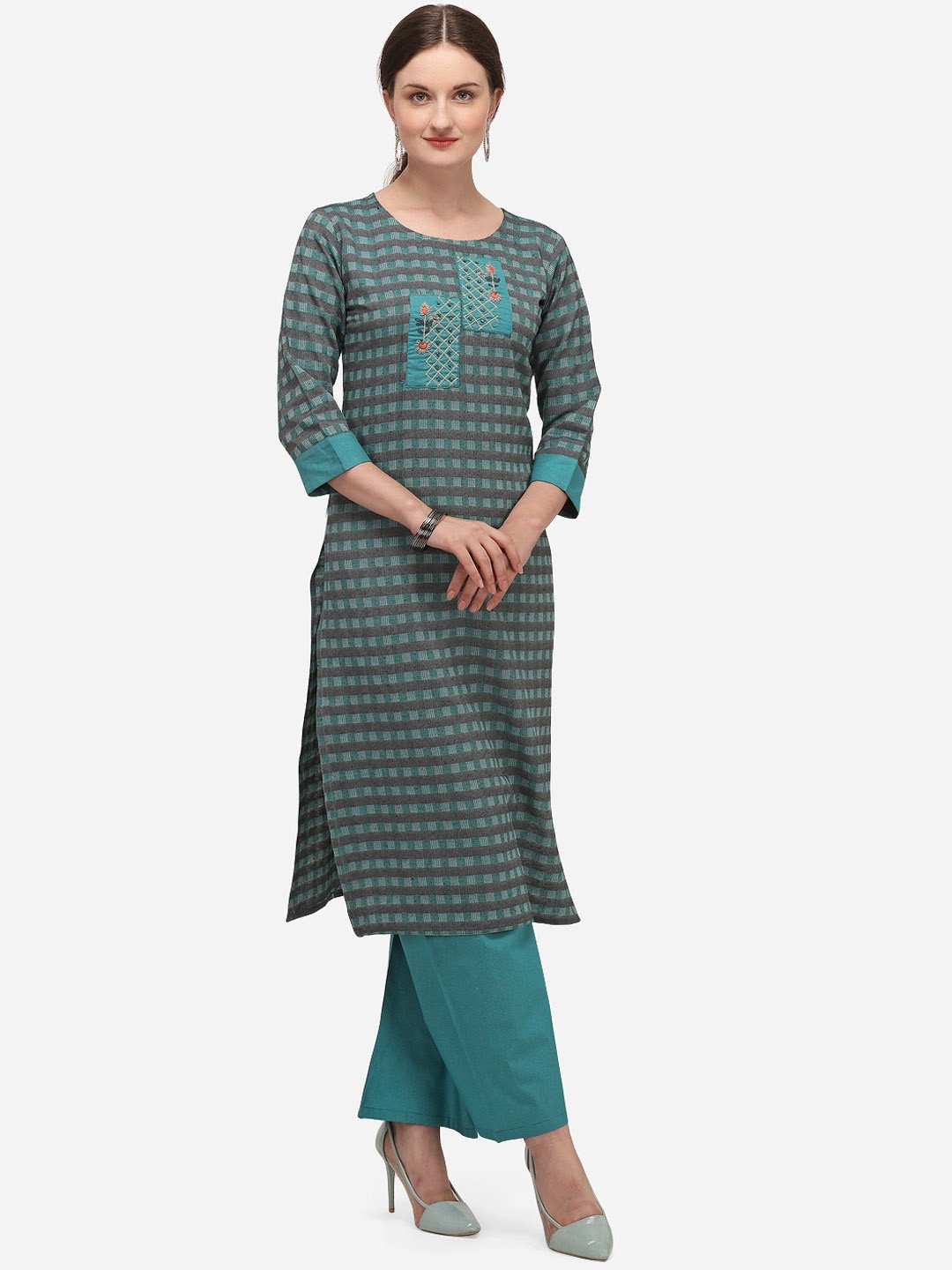 

KALINI Women Embroidered Thread Work Kurta with Palazzos, Green