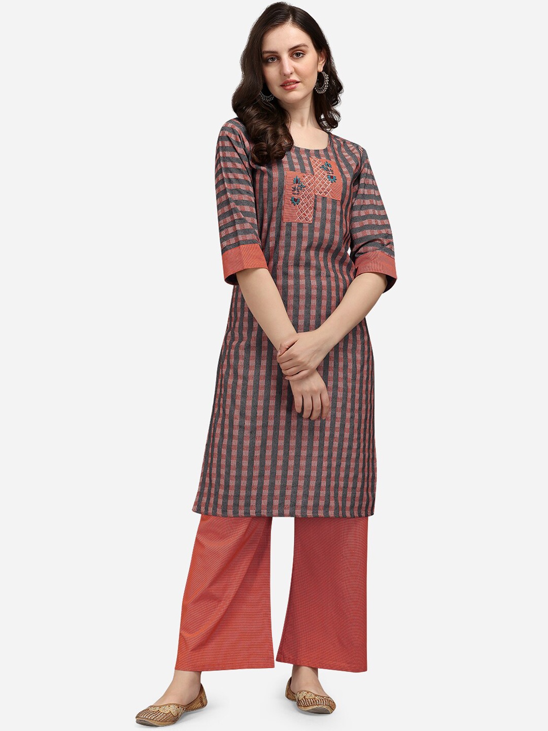 

KALINI Women Checked Embroidered Thread Work Kurta with Palazzos, Orange