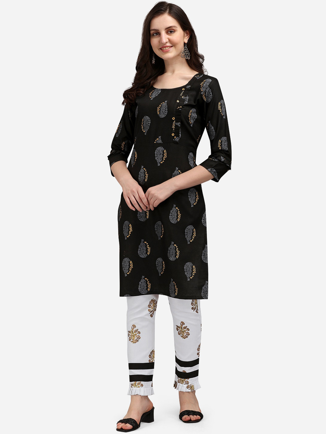 

KALINI Women Black Printed Cotton Straight Kurta with Trousers