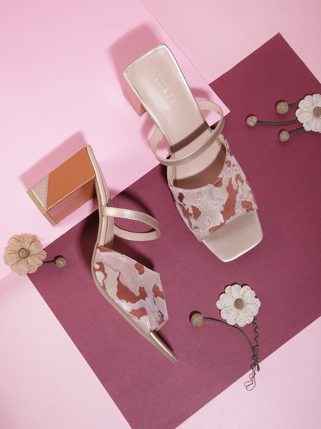 

CORSICA Women Pink & Brown Woven Design Block Heels
