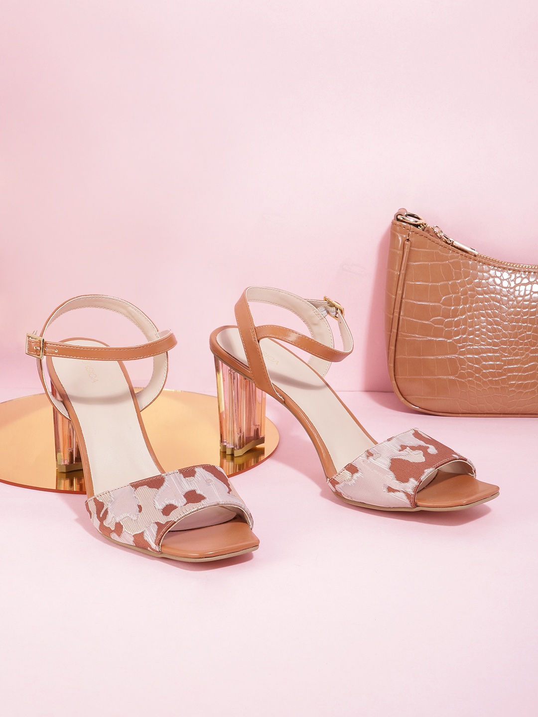 

CORSICA Women Tan & Nude-Coloured Abstract Print Block Heels
