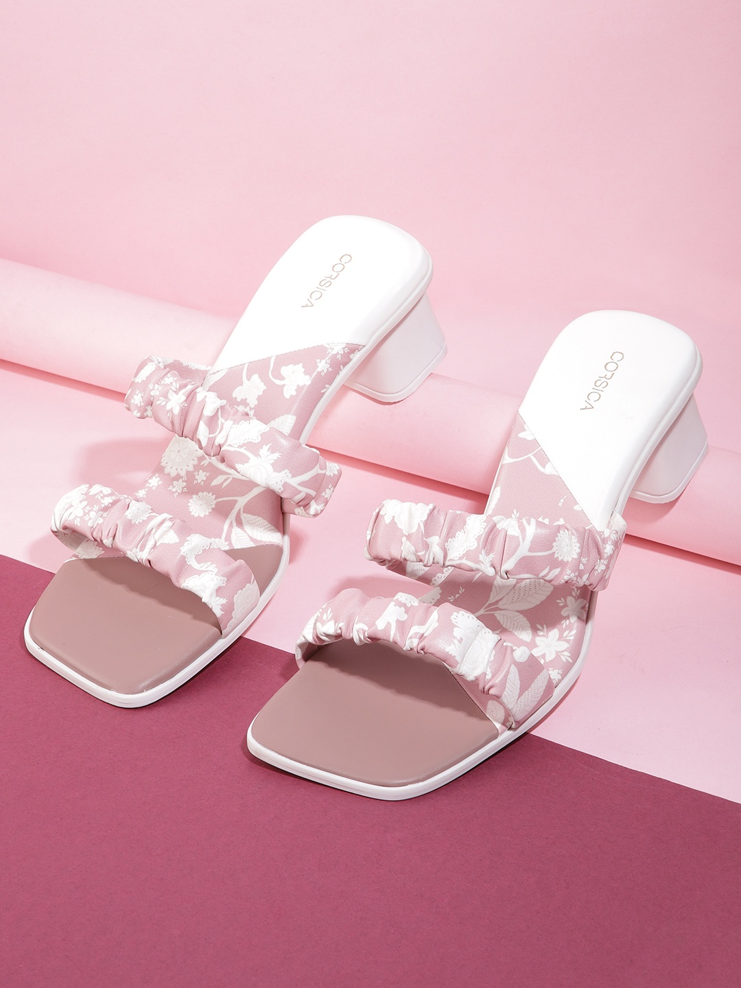 

CORSICA Women Peach-Coloured & White Floral Print Ruched Block Heels
