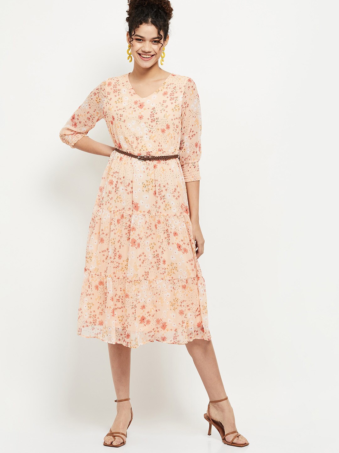 

max Peach-Coloured Floral Cotton Midi Dress
