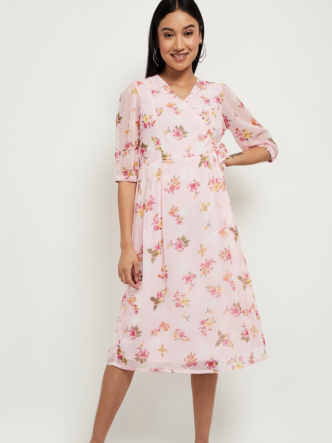 

max Pink Floral Cotton Midi Wrap Dress