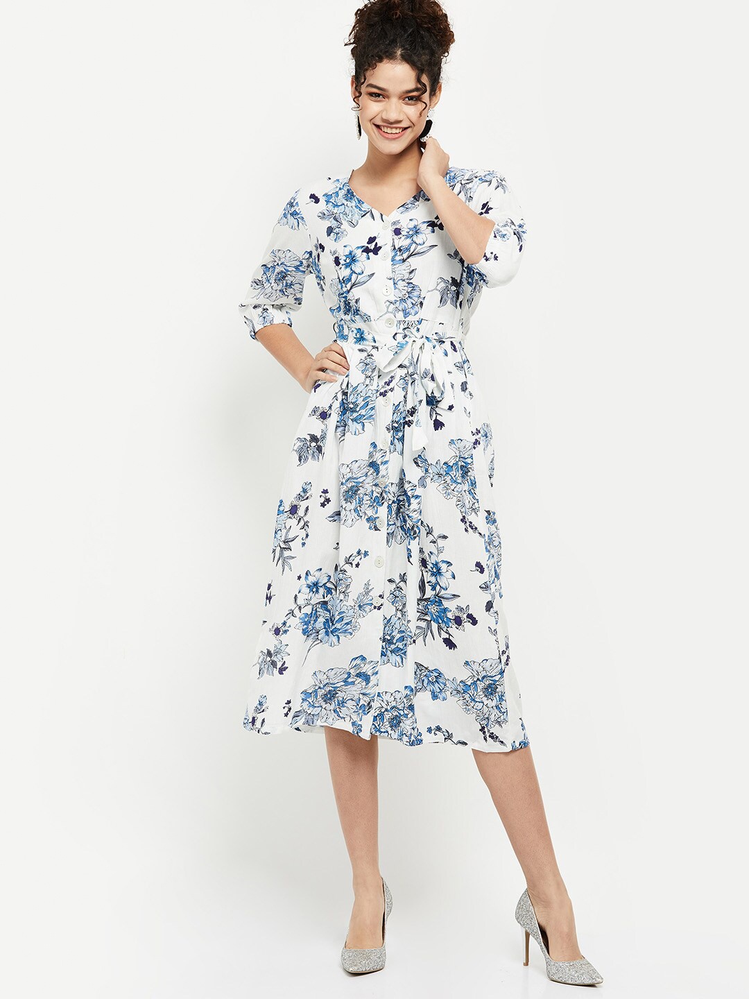 

max Women White Floral Midi Dress