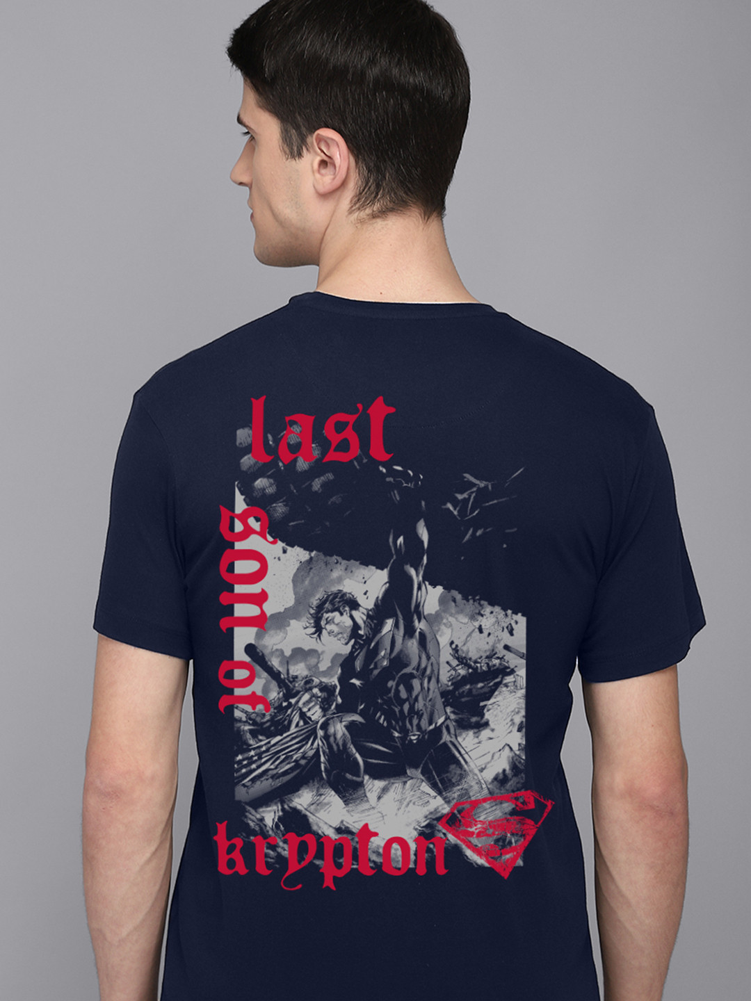 

Free Authority Men Navy Blue & Red Superman Print Pure Cotton Front & Back Printed T-shirt