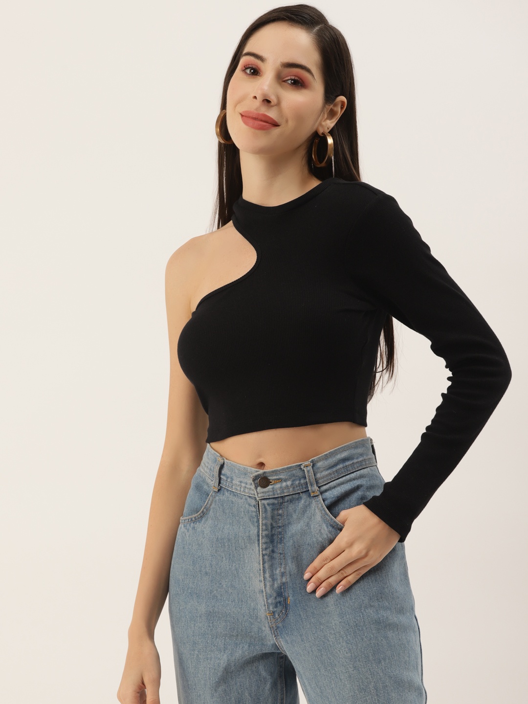 

Aayna Black One Shoulder Ribbed Crop Top