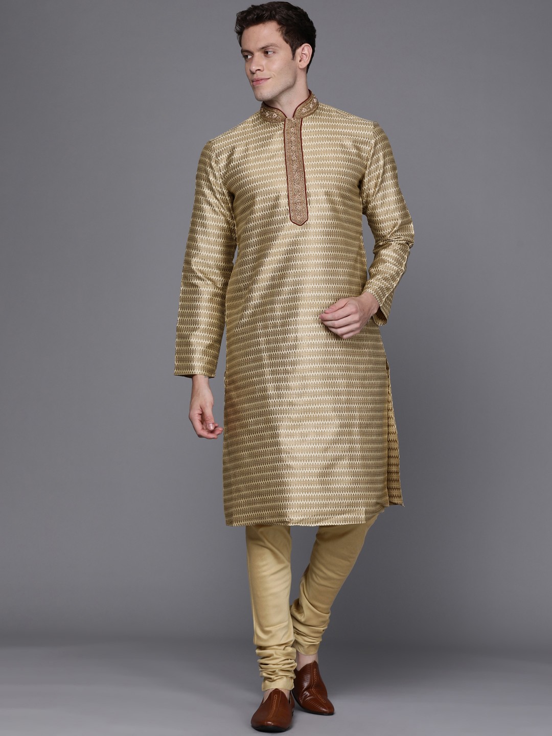 

Manu Men Beige Ethnic Motifs Kurta with Churidar