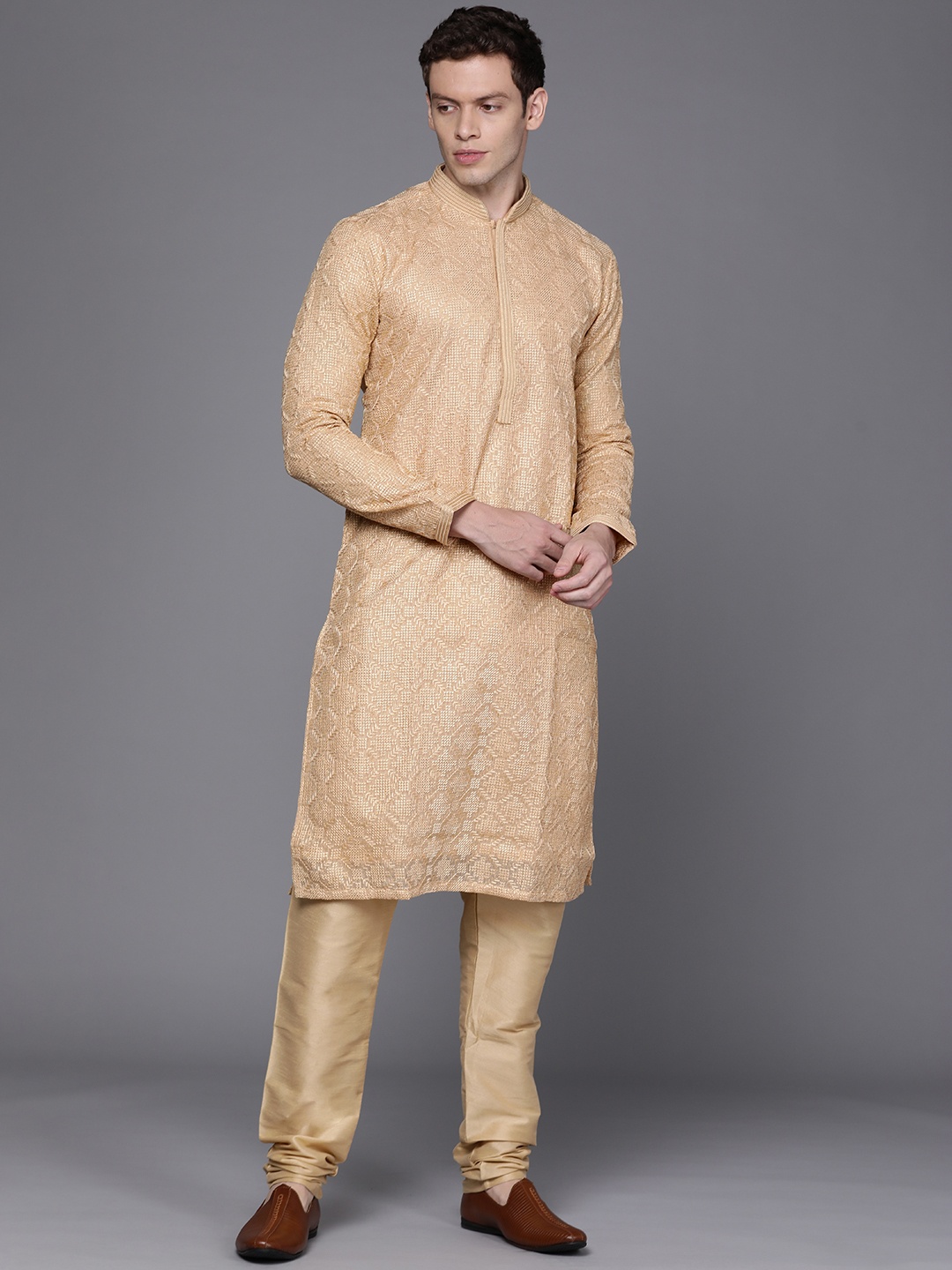 

Manu Men Beige Woven Design Kurta with Churidar