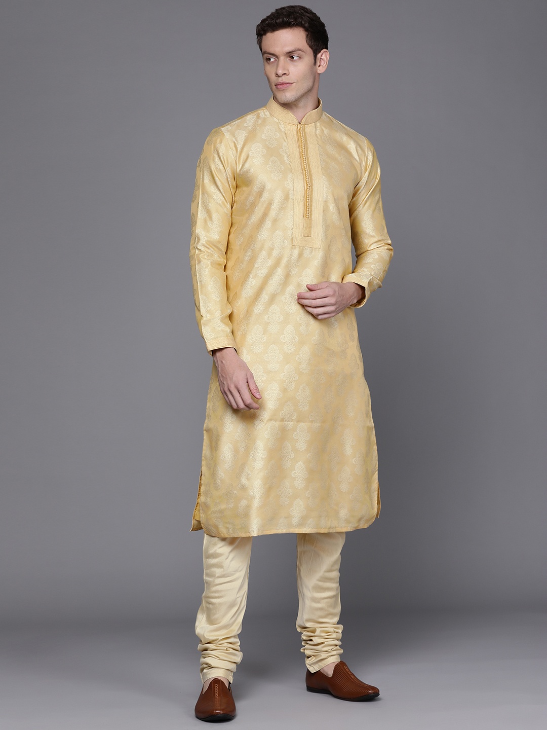 

Manu Men Yellow & Beige Woven Design Kurta with Churidar