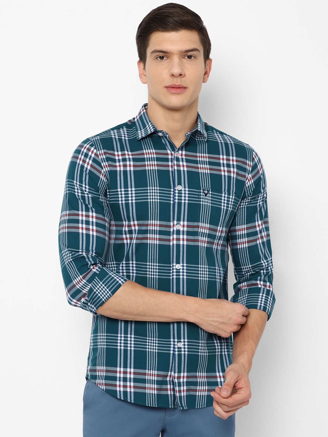 

Allen Solly Men Teal Green & White Slim Fit Checked Pure Cotton Casual Shirt