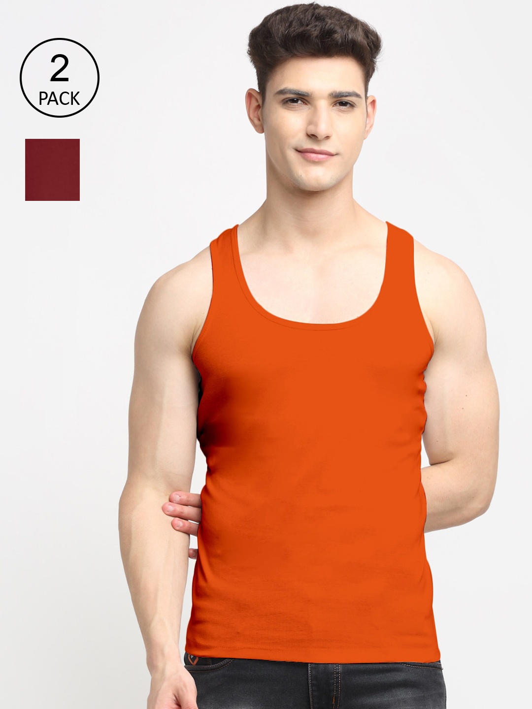 

Friskers Men Maroon & Orange Solid Pure Cotton Innerwear Vests Pack Of 2