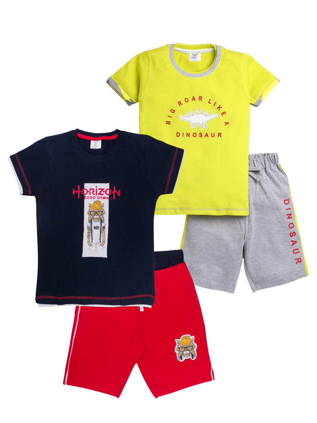 

Todd N Teen Boys Pack Of 2 Navy Blue & Yellow Printed Pure Cotton T-shirt with Capris