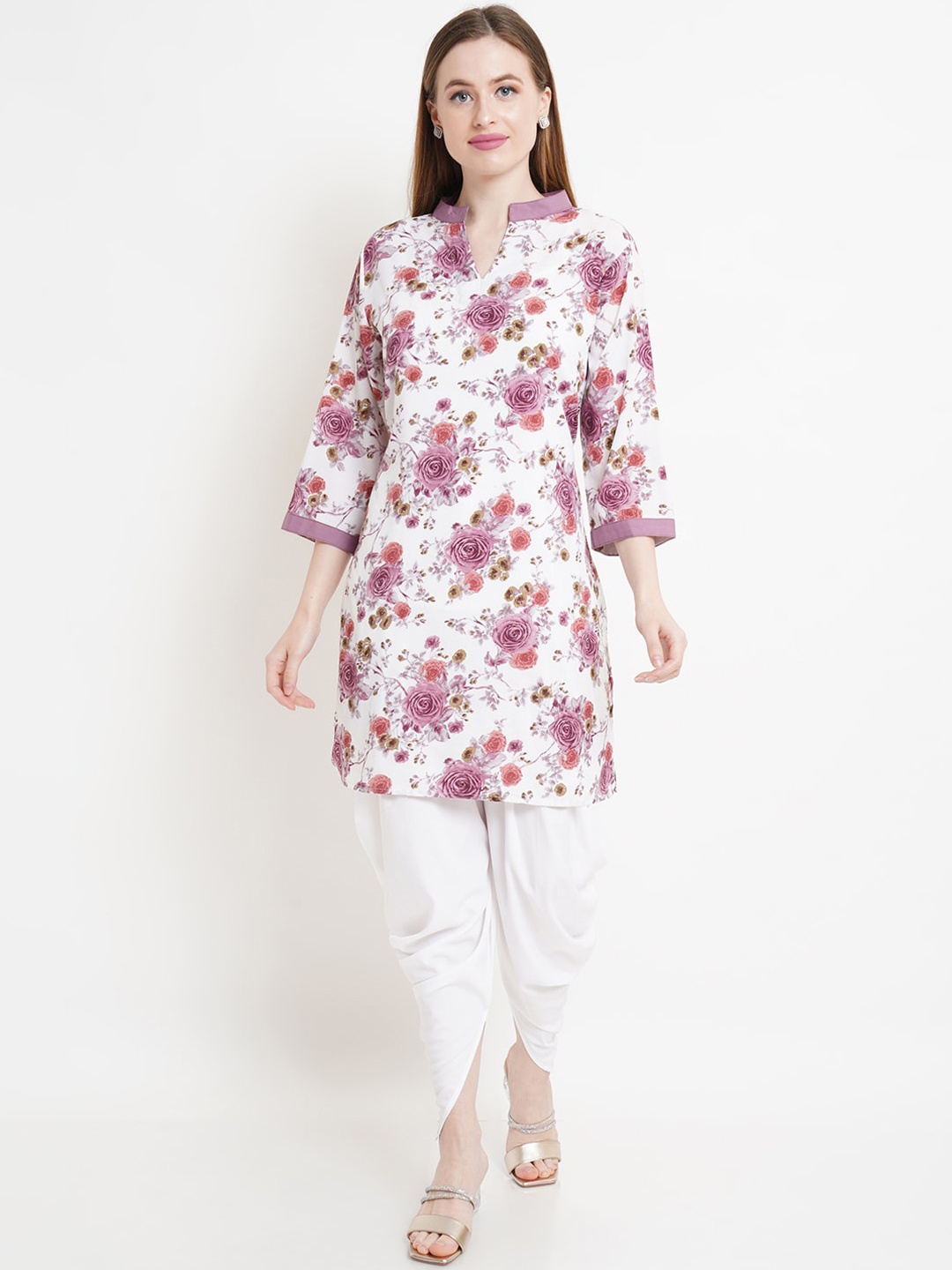 

WESTCLO Women White Floral Printed Kurti with Trousers