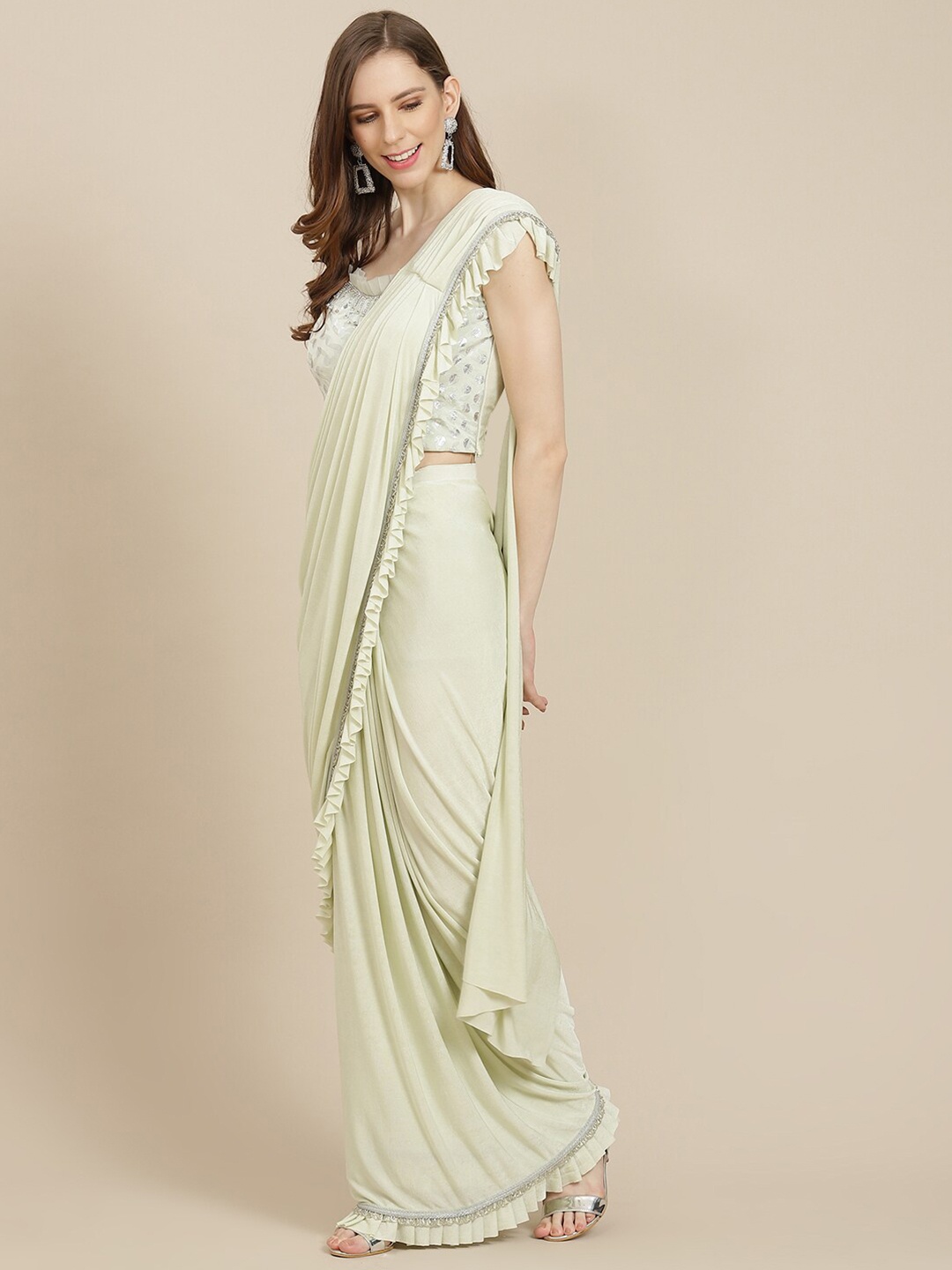 

Grancy Sage Green Ruffled Ready to Wear Saree