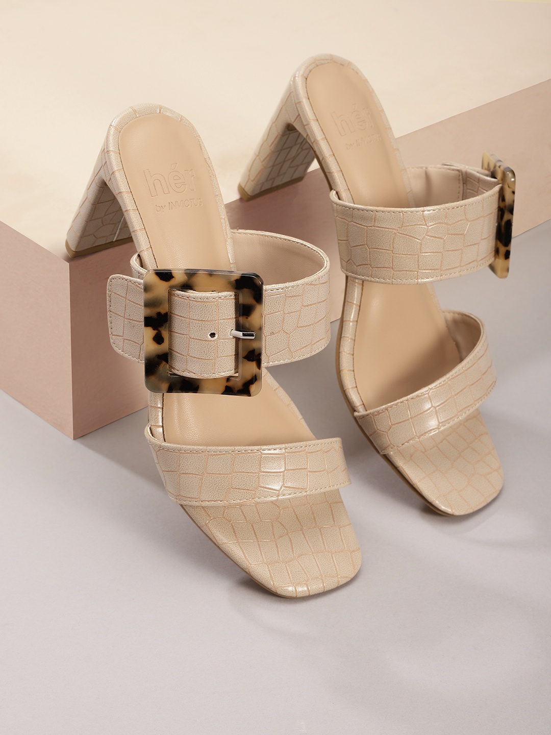 

her by invictus Croc Textured Block Heels with Buckle Upper, Beige