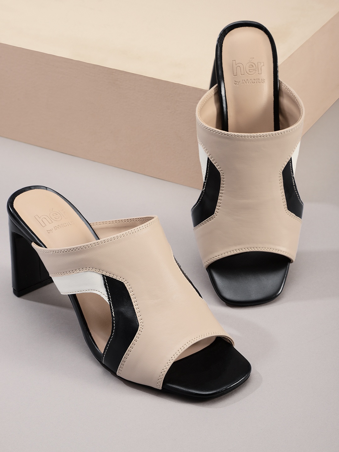 

her by invictus Colourblocked Block Heels, Beige