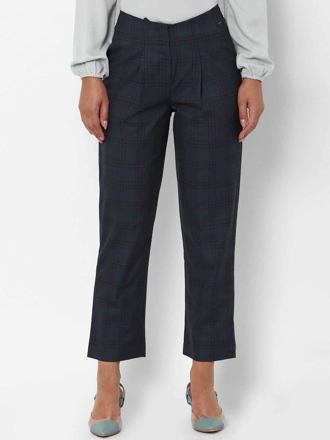 

Allen Solly Woman Women Navy Blue & Black Checked Pleated Trousers