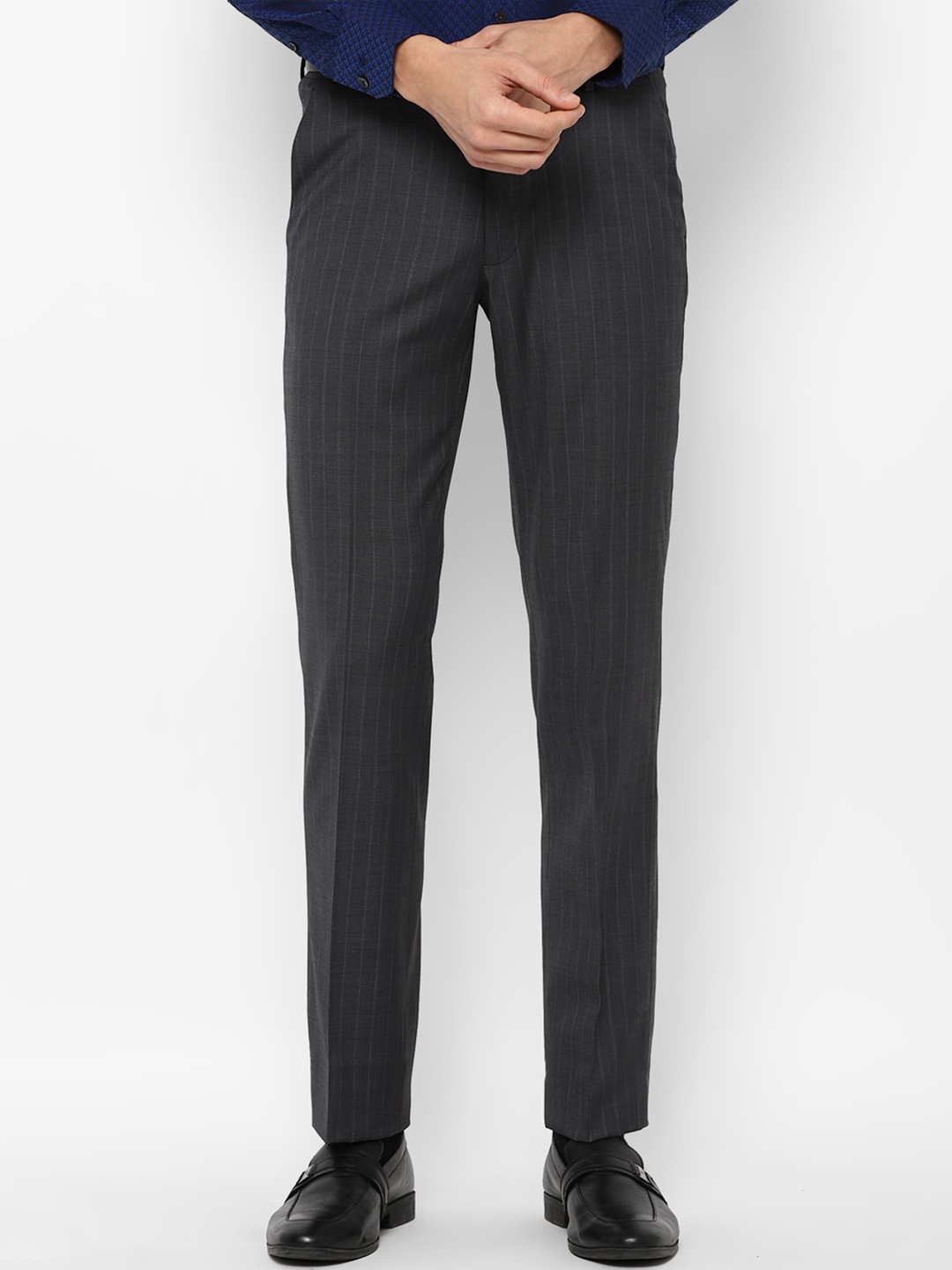 

Louis Philippe Men Grey & Off White Striped Formal Trousers