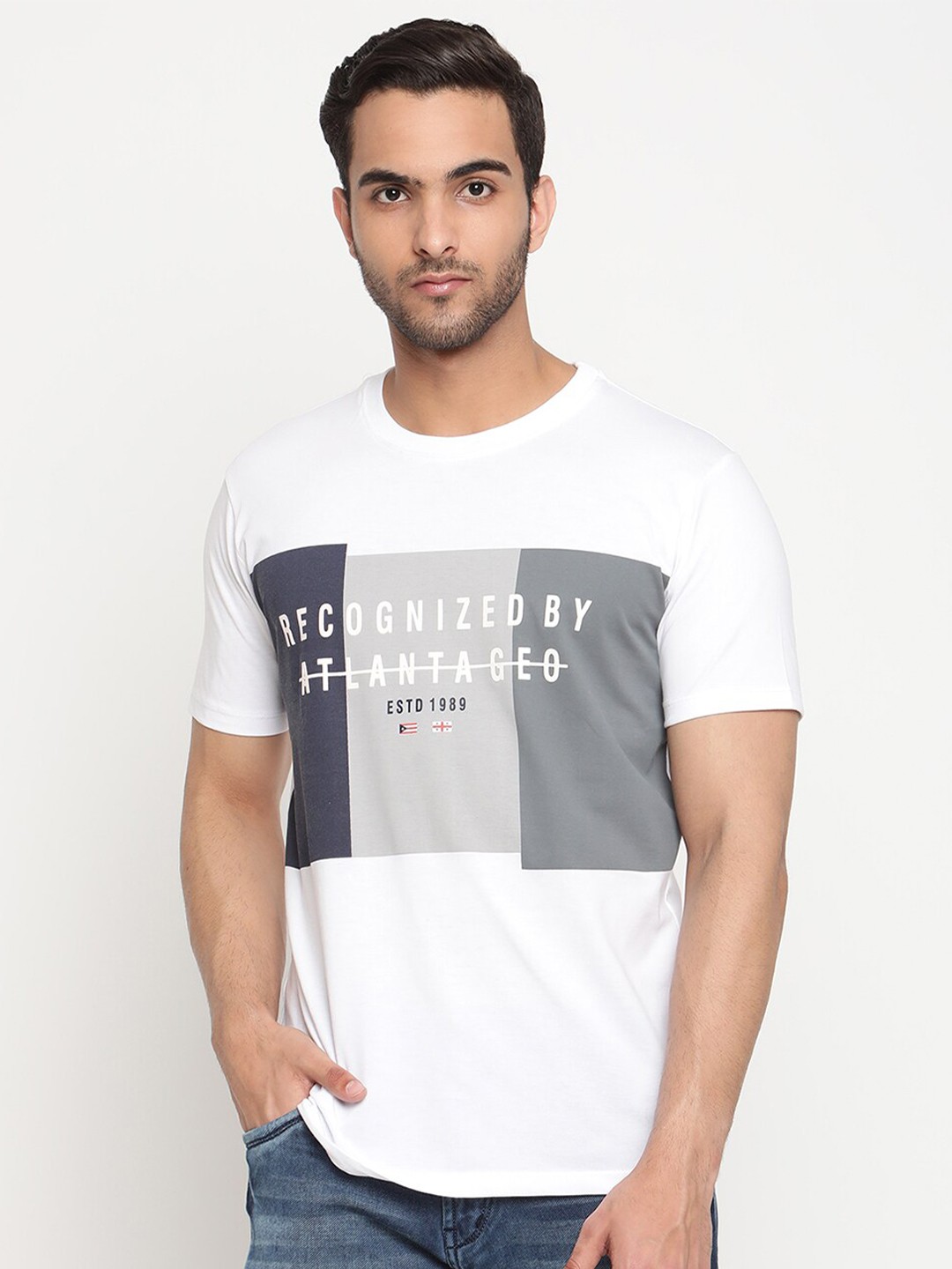 

Cantabil Men White & Grey Typography Printed Cotton T-shirt