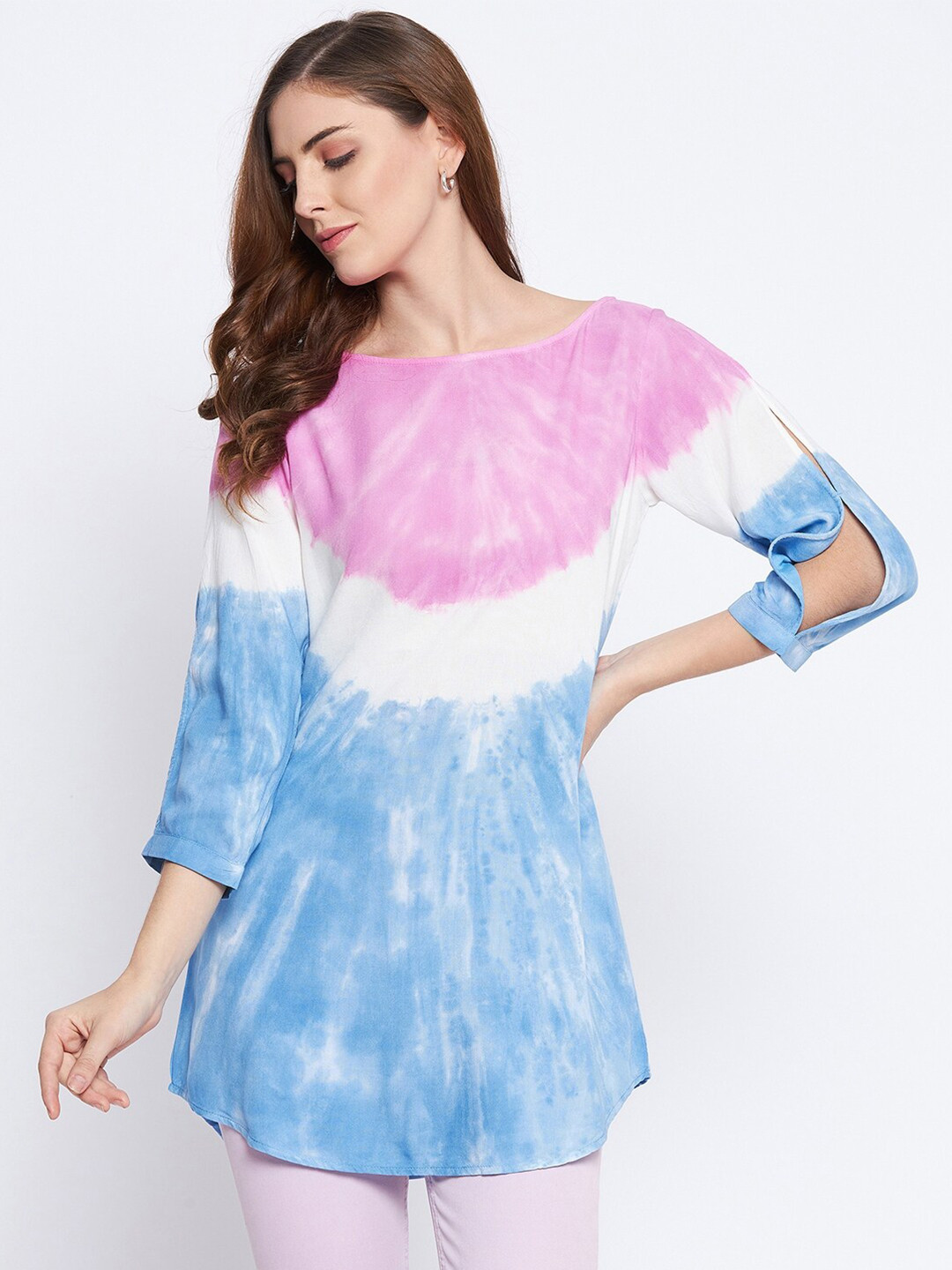 

Ruhaans Pink & Blue Rayon Tie Dye Tunic