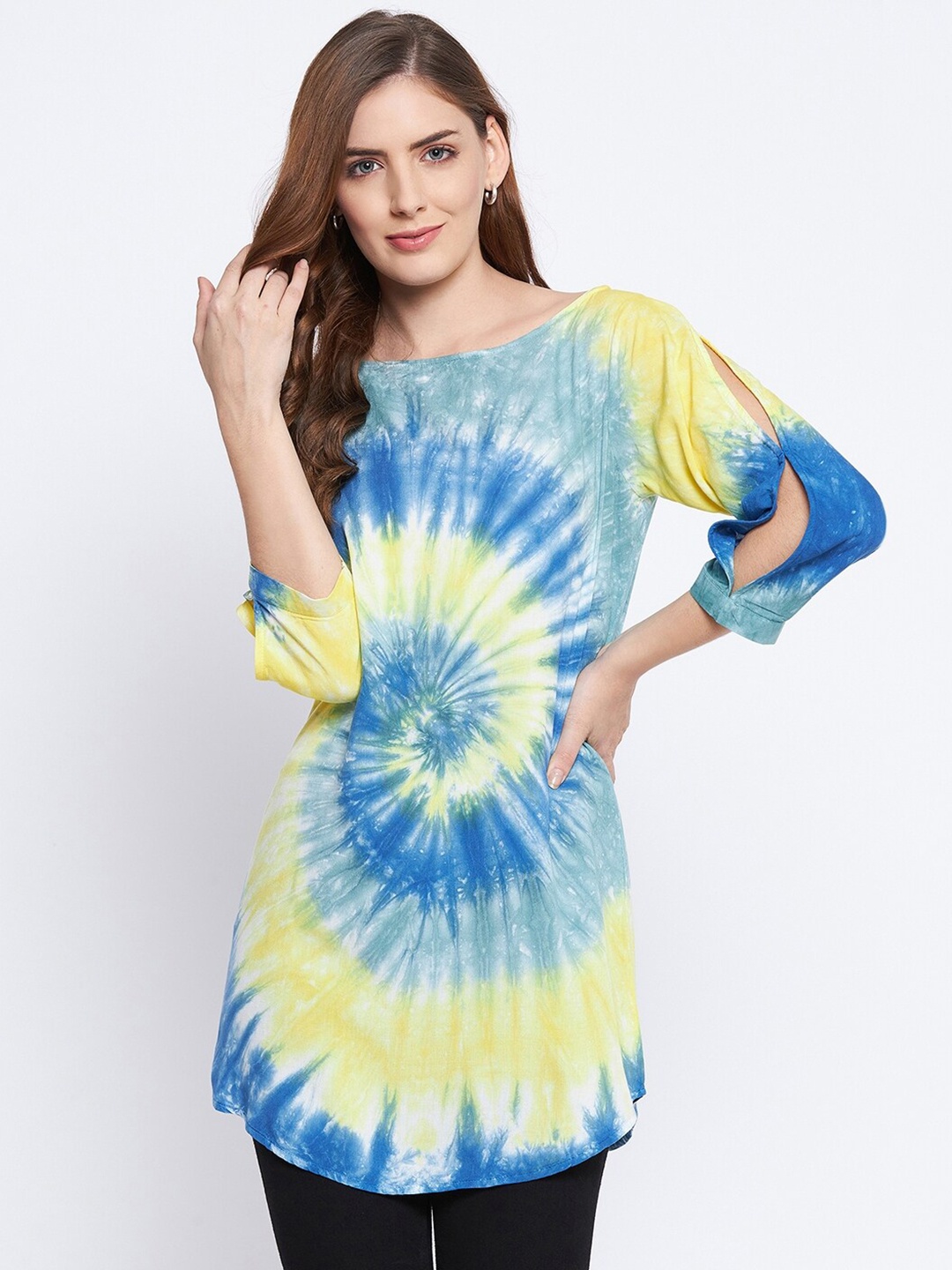 

Ruhaans Blue & Yellow Rayon Tie Dye Tunic