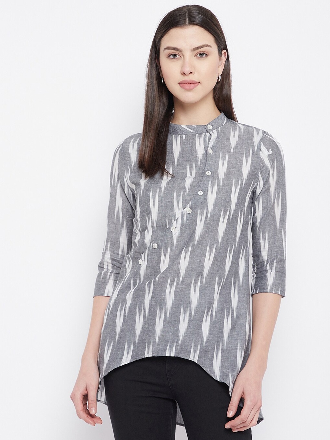 

Ruhaans Women Grey Ikkat Print Cotton Tunics