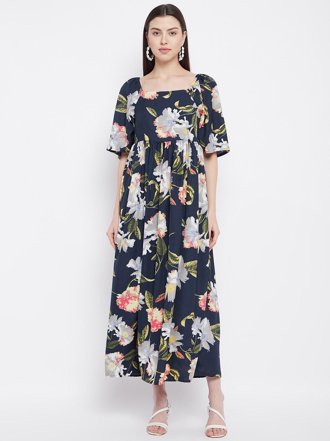 

Ruhaans Navy Blue & Green Floral Crepe Maxi Dress