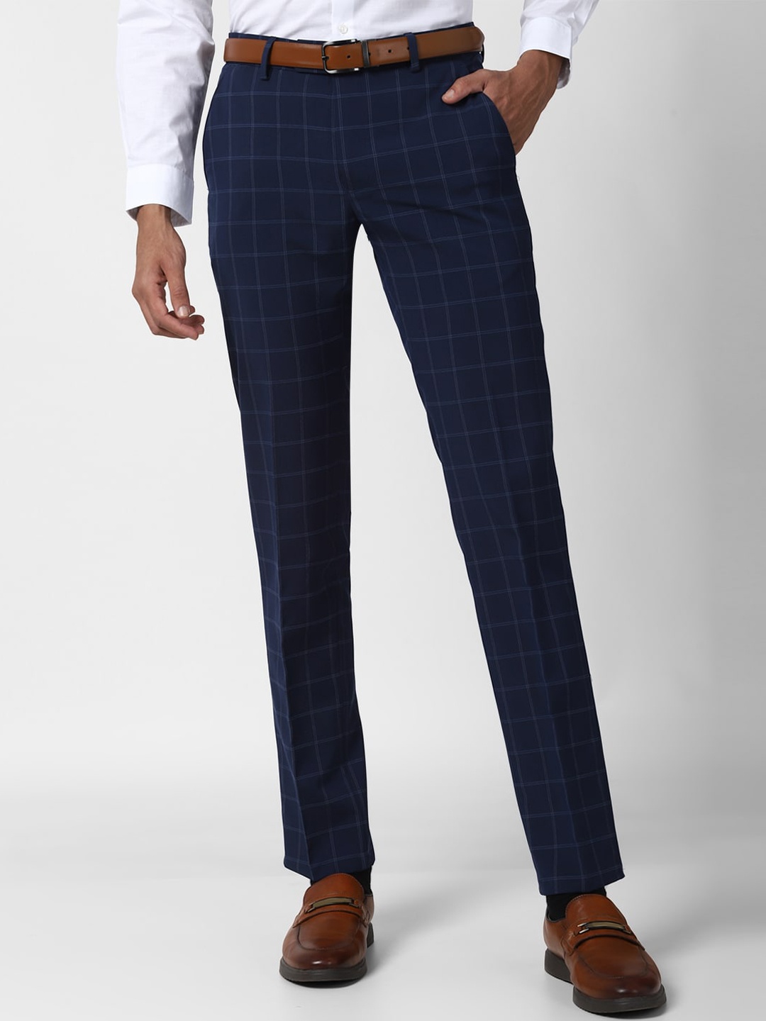 

Peter England Men Navy Blue Checked Slim Fit Trousers
