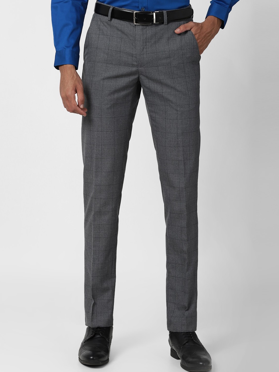

Peter England Men Grey Checked Slim Fit Trousers