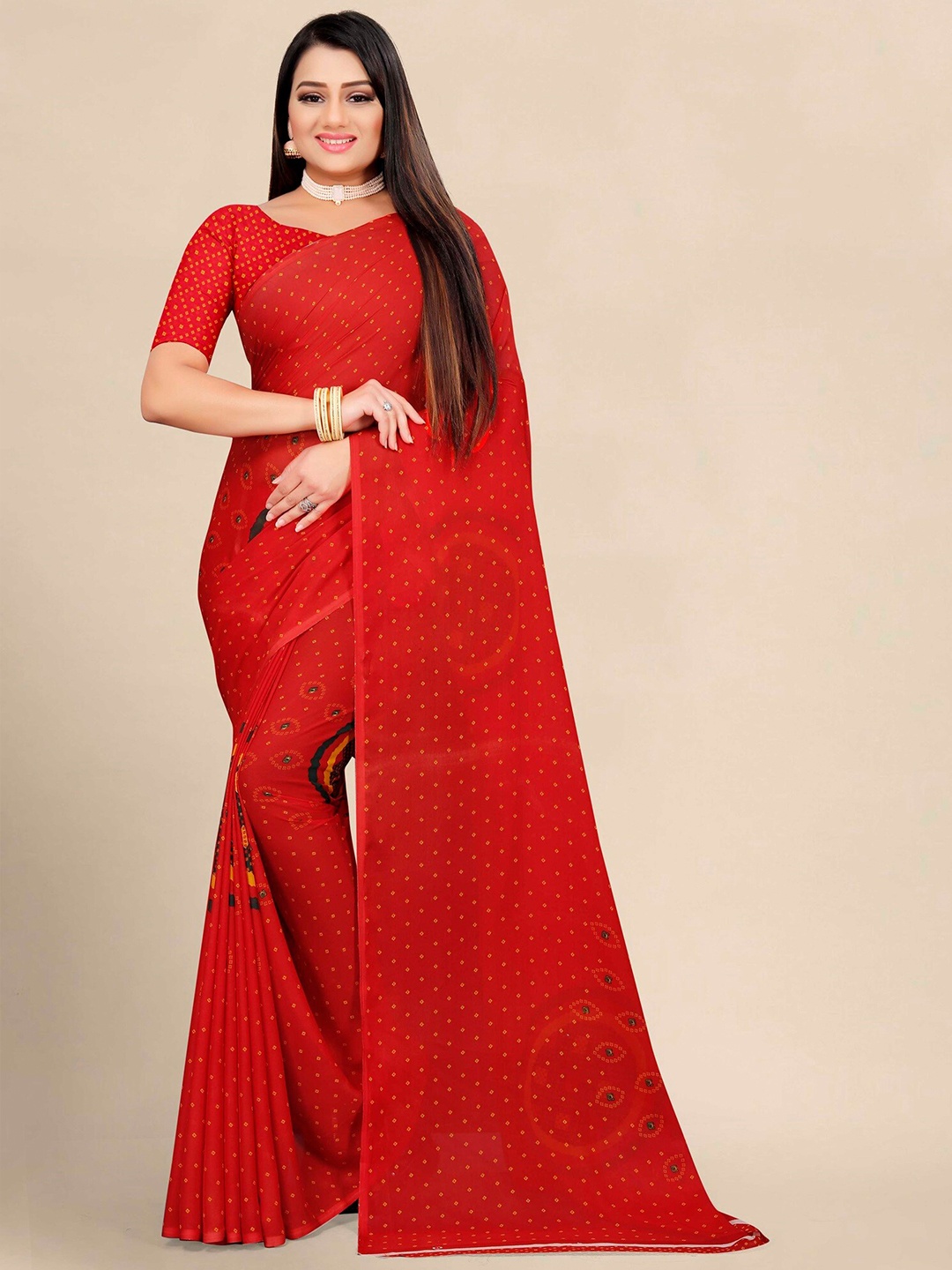 

KALINI Red & Yellow Pure Georgette Printed Saree
