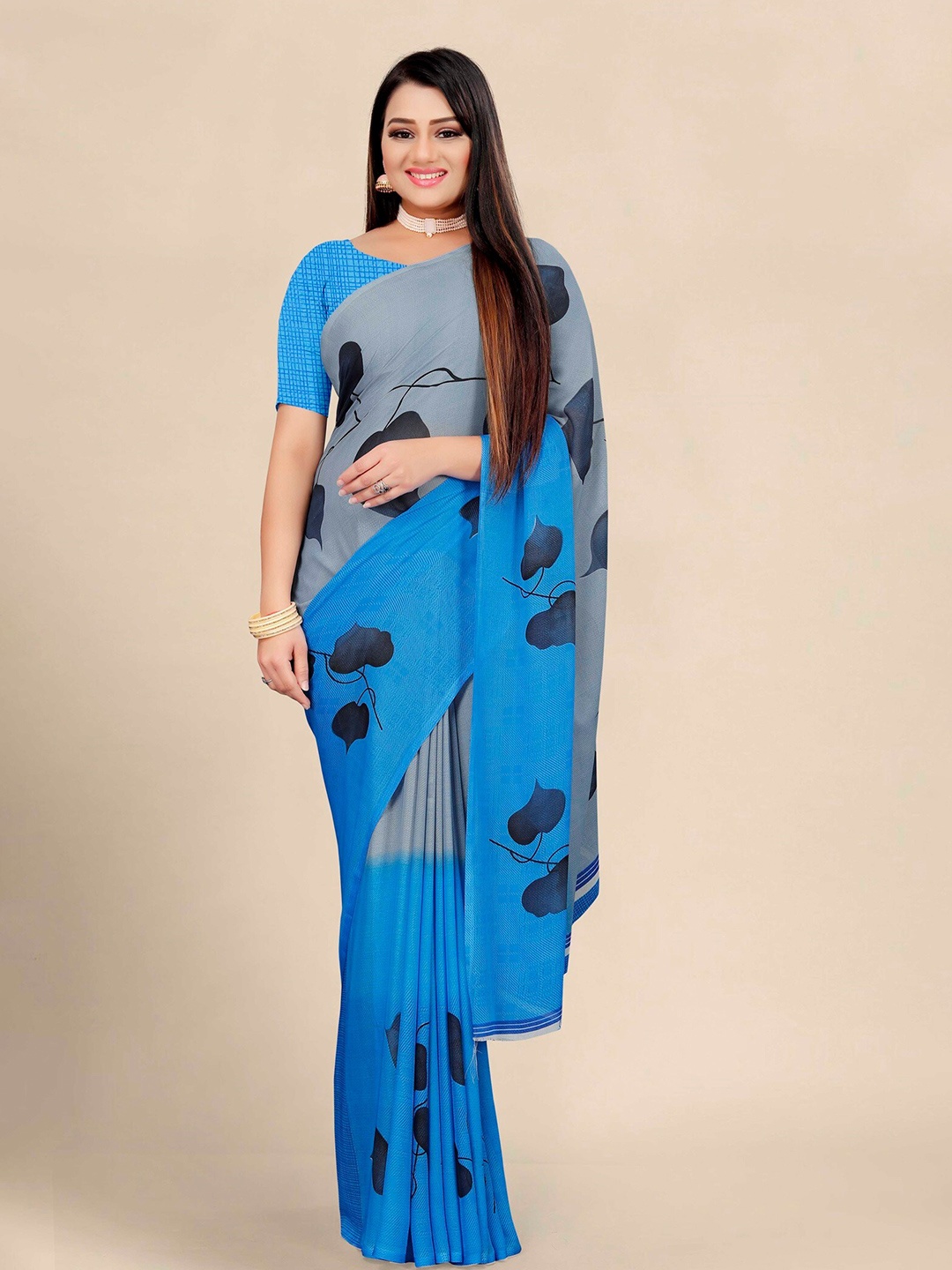 

KALINI Blue & Grey Floral Pure Georgette Silk Block Print Saree