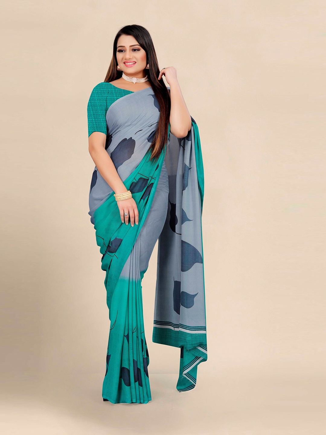 

KALINI Green & Grey Floral Pure Georgette Block Print Saree