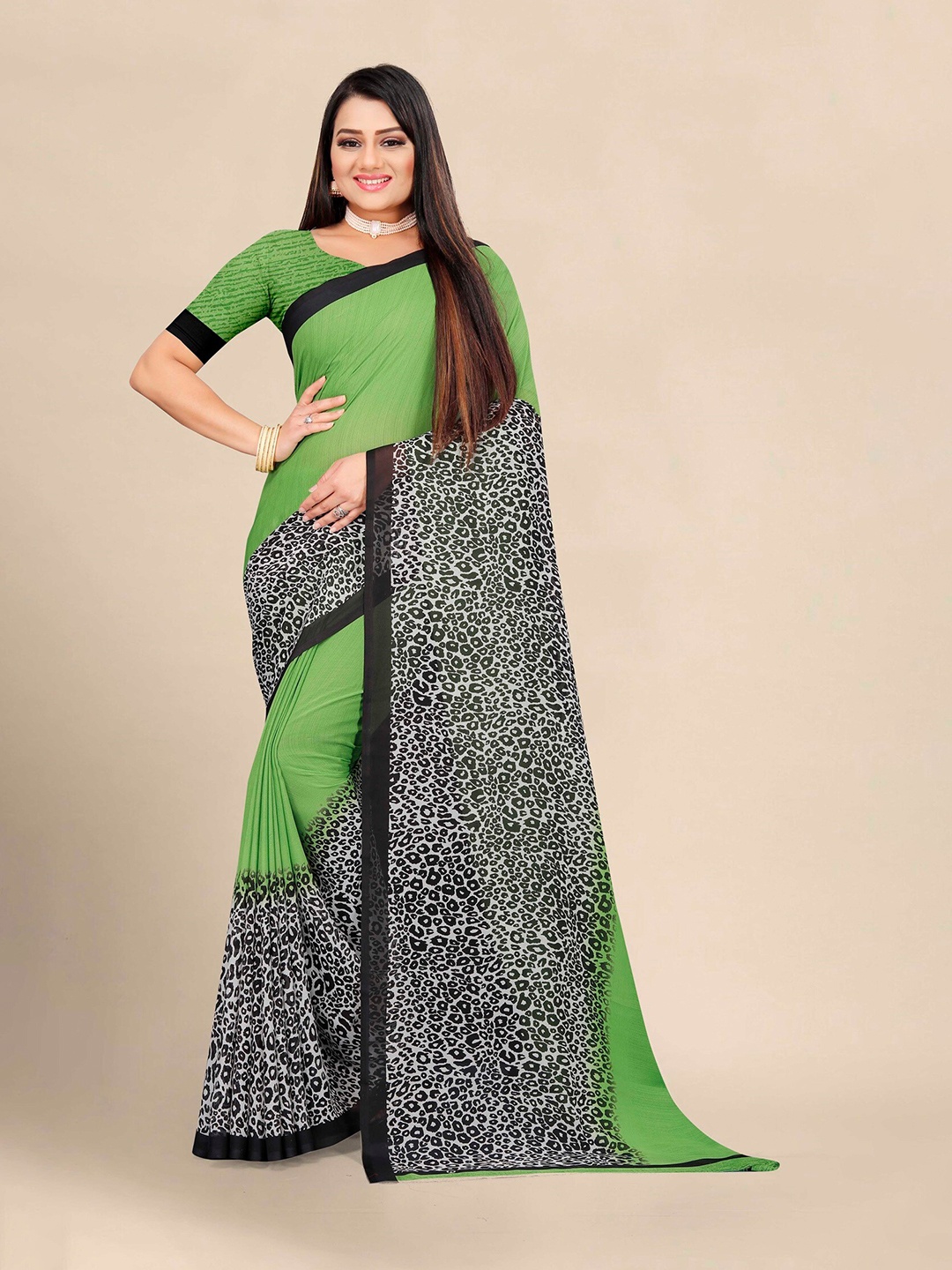 

KALINI Green & Black Pure Georgette Block Print Saree