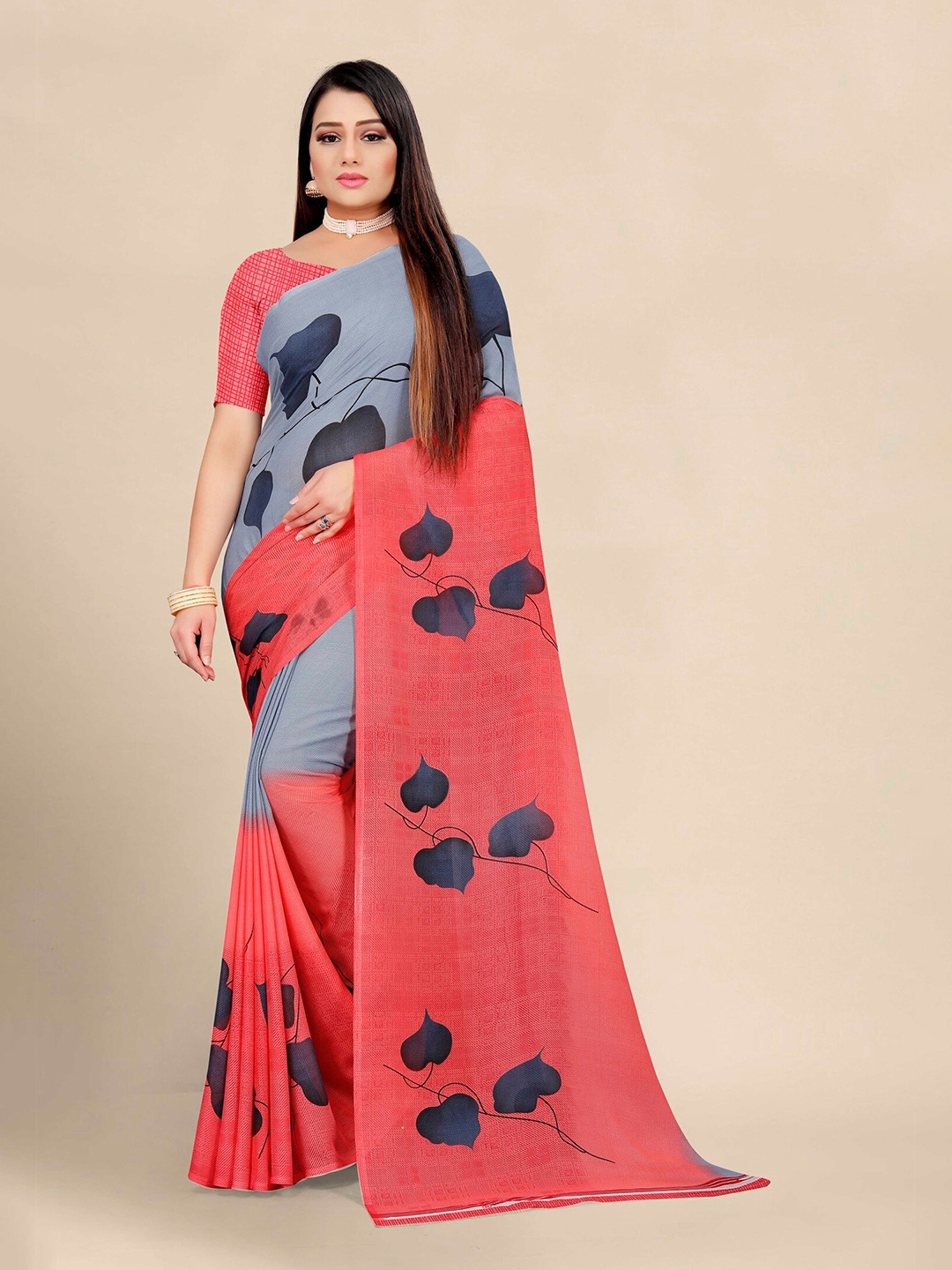 

KALINI Red & Grey Floral Pure Georgette Block Print Saree