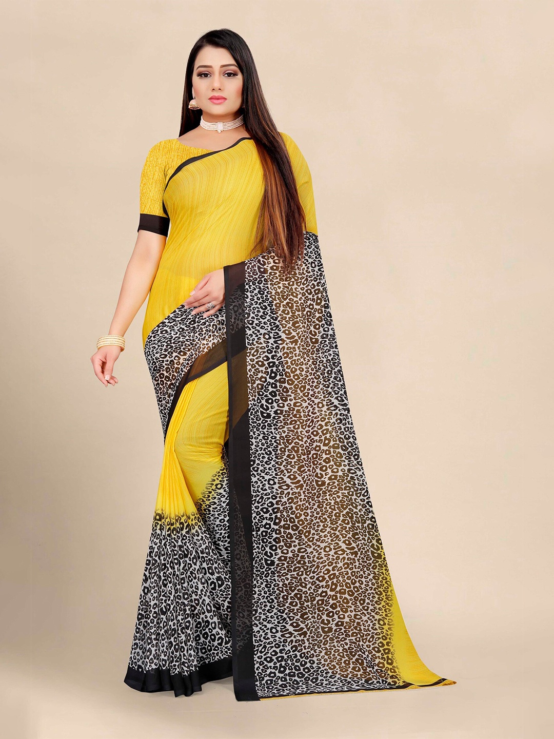 

KALINI Yellow & Black Pure Georgette Block Print Saree
