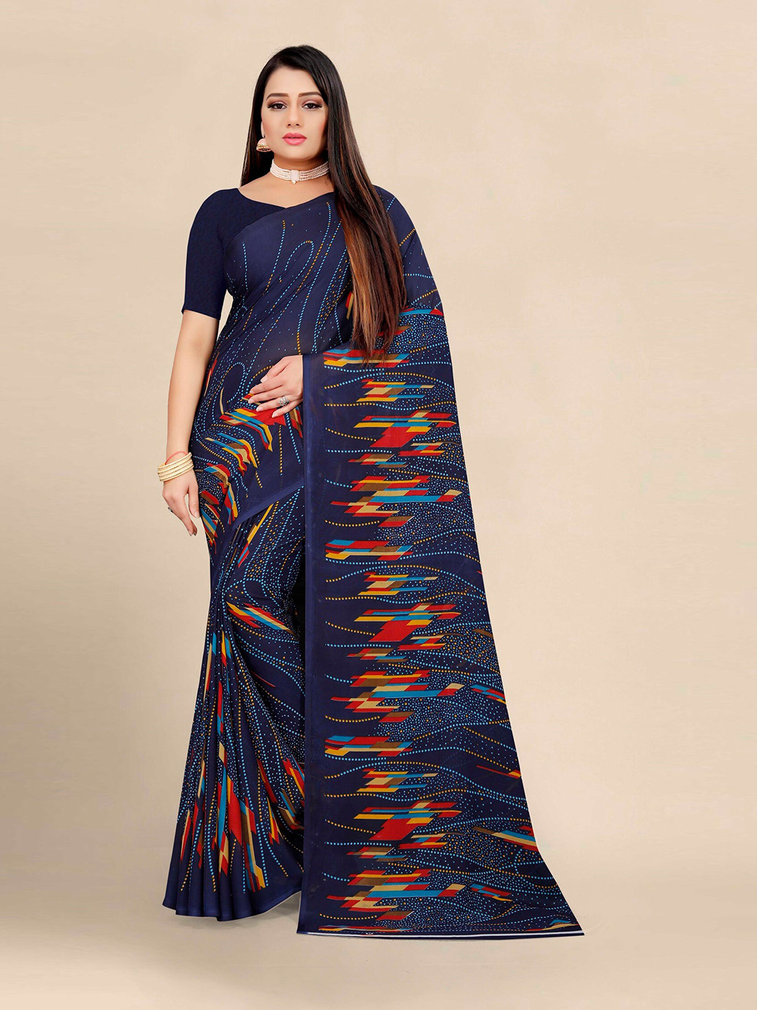 

KALINI Navy Blue & Red Pure Georgette Block Print Saree