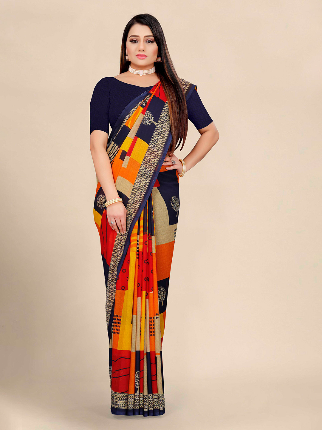 

KALINI Orange & Navy Blue Pure Georgette Block Print Saree