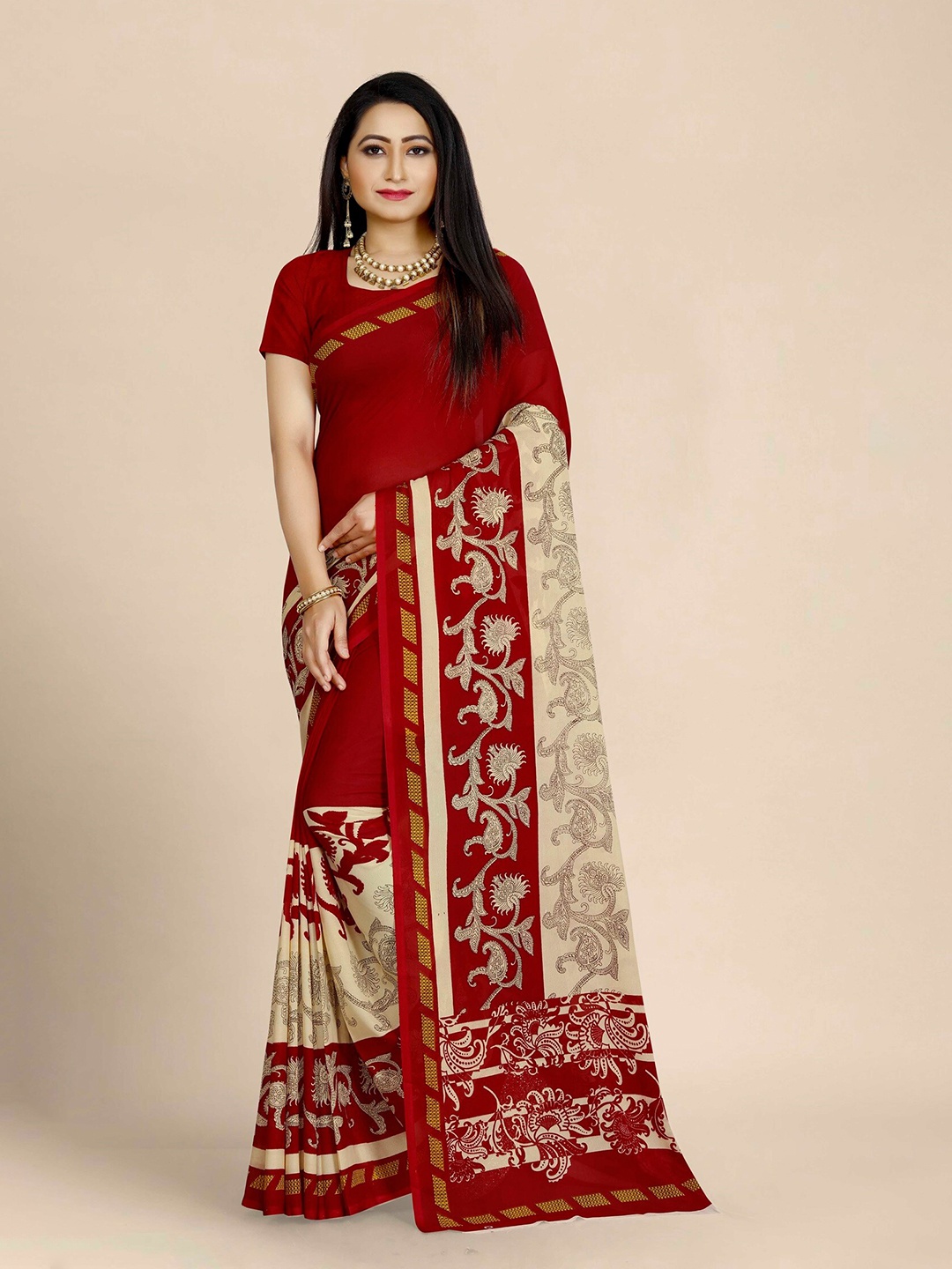 

KALINI Red & Beige Floral Printed Georgette Saree
