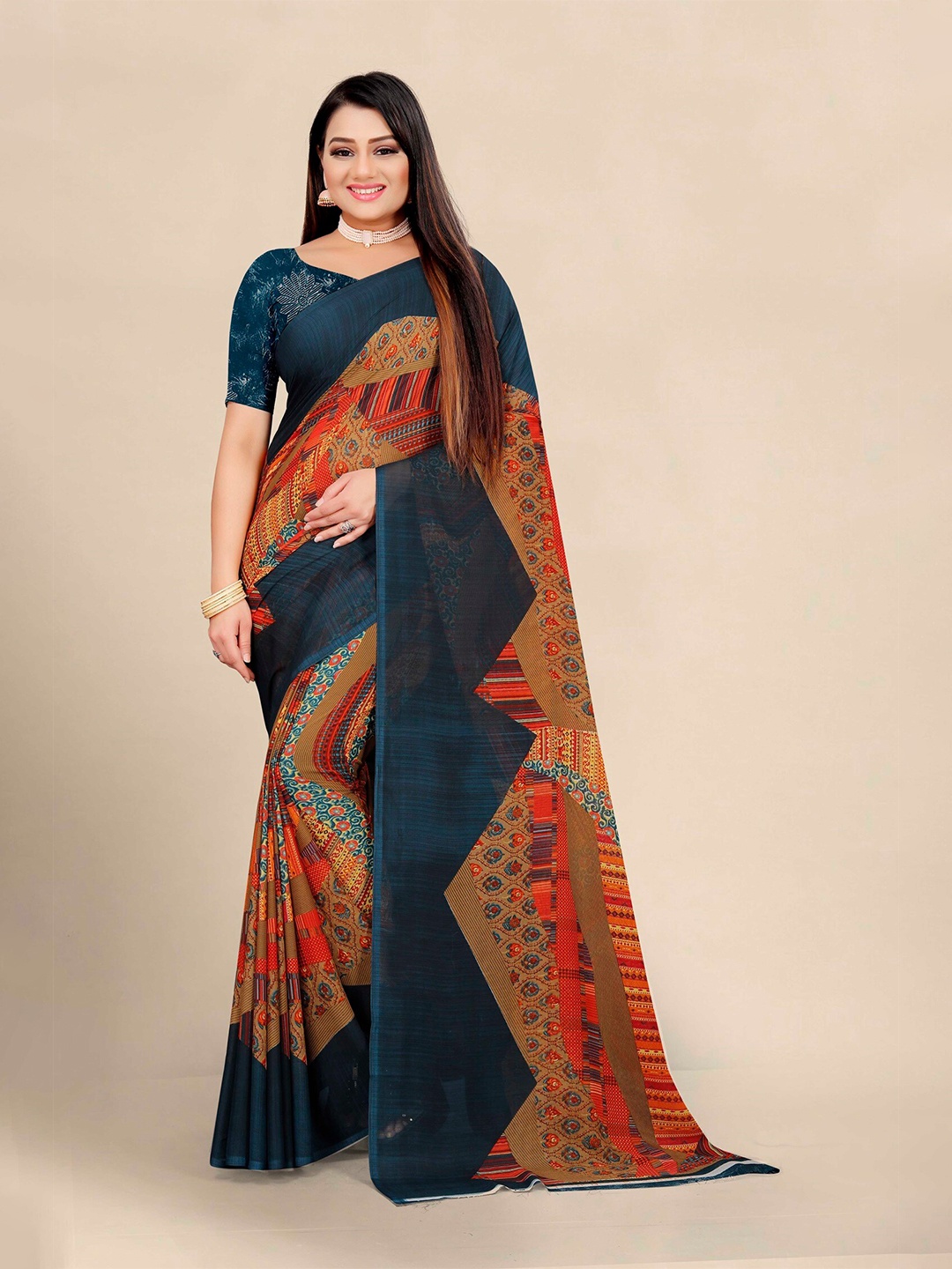 

KALINI Navy Blue & Brown Pure Georgette Silk Block Print Saree