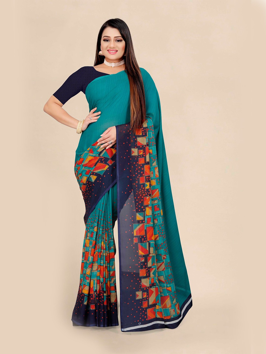 

KALINI Green & Red Pure Georgette Block Print Saree
