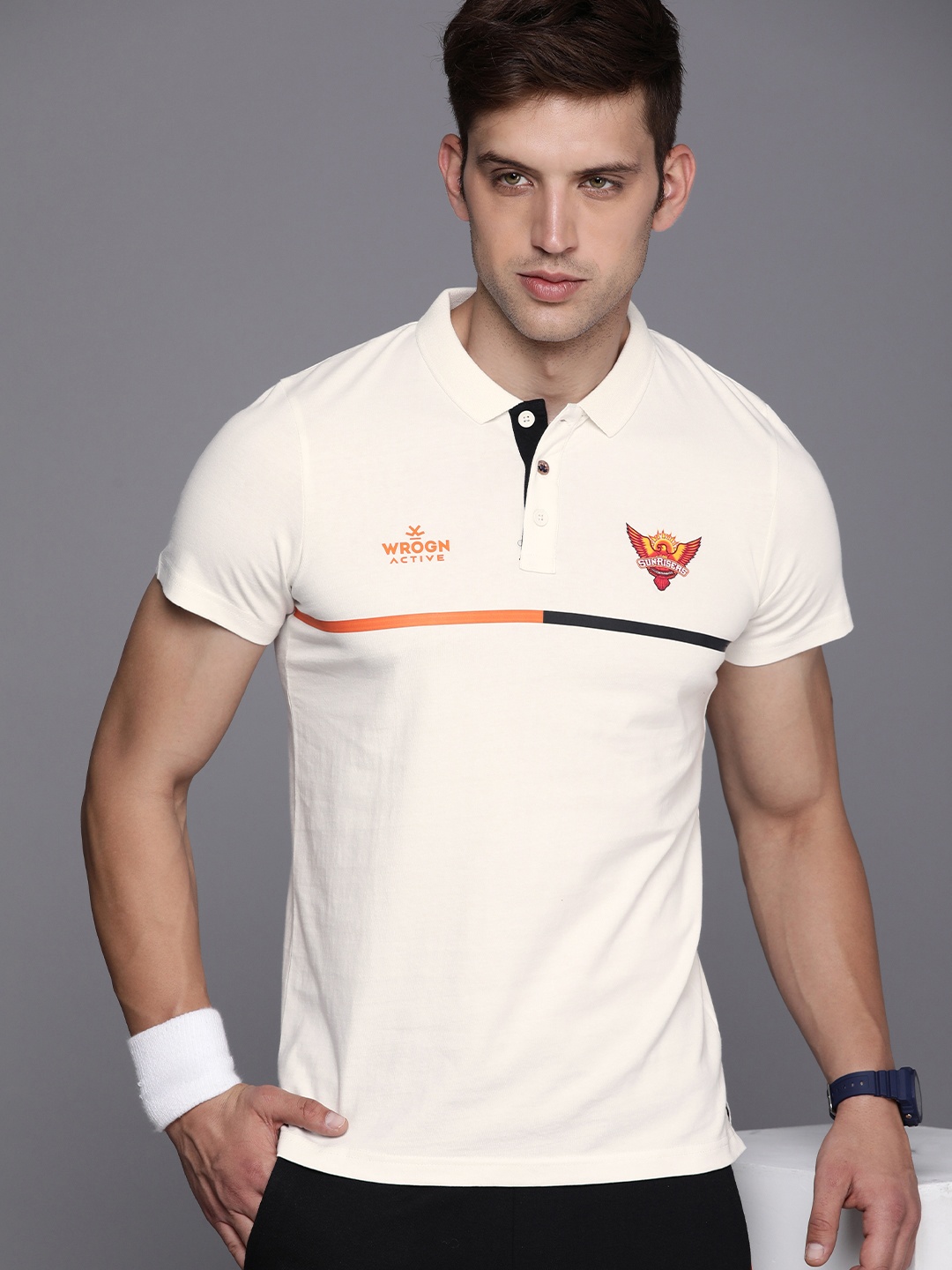 

WROGN ACTIVE Men IPL Sunrisers Hyderabad Striped Pure Cotton Slim Fit Polo Collar T-shirt, White