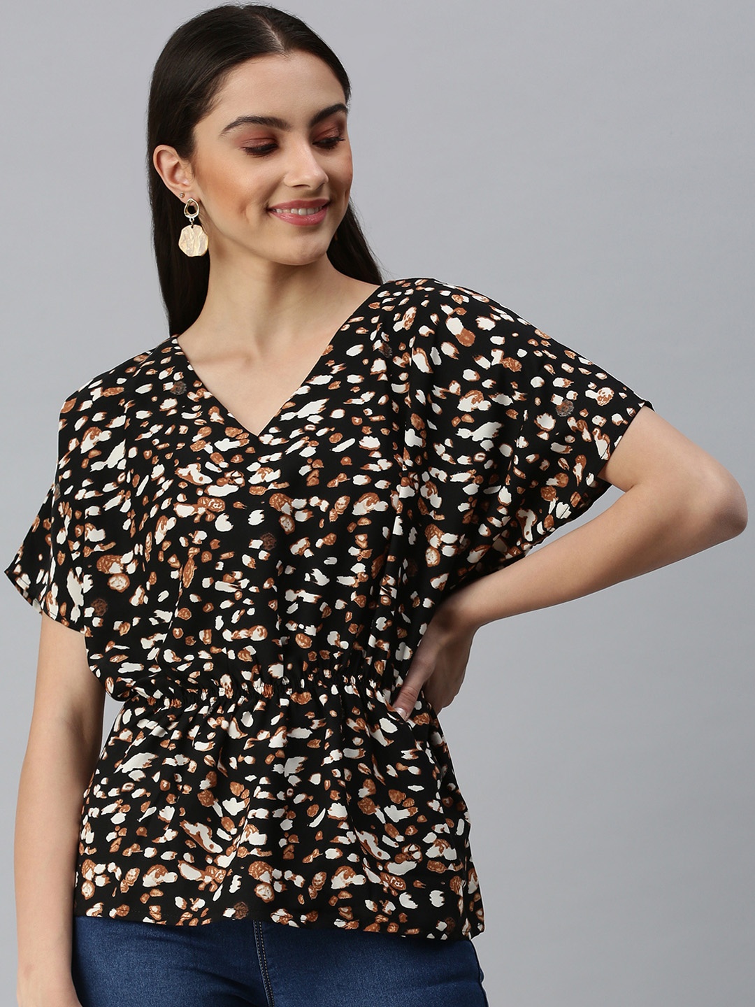 

SHOWOFF Women Black Animal Print Crepe Cinched Waist Top