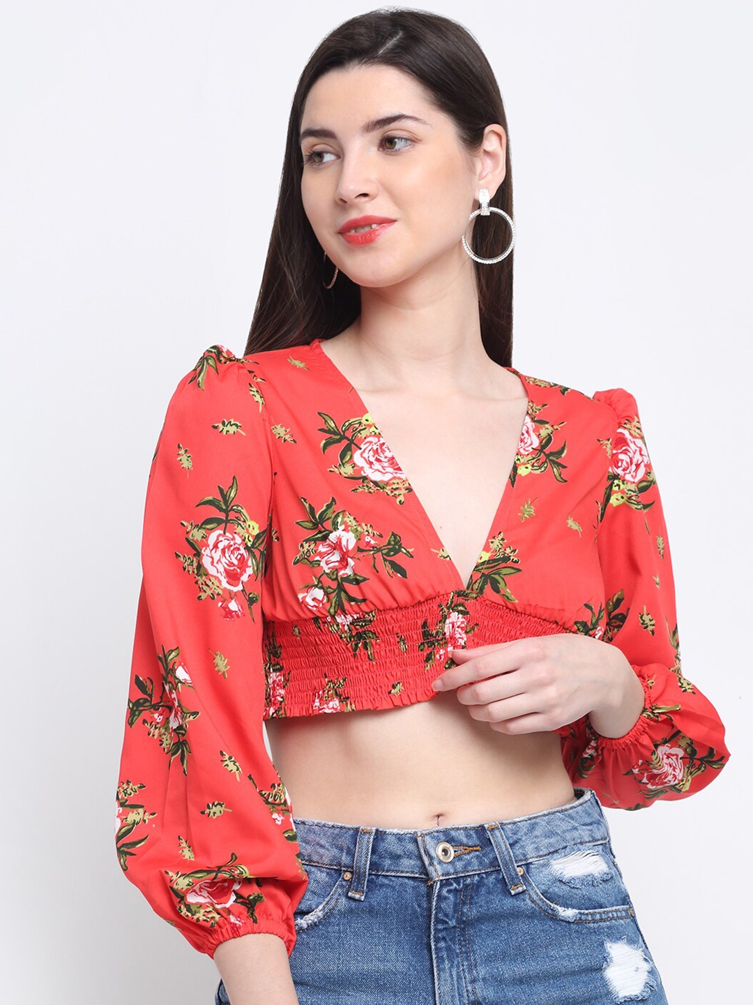 

emeros Coral Floral Print Crepe Styled Back Crop Top