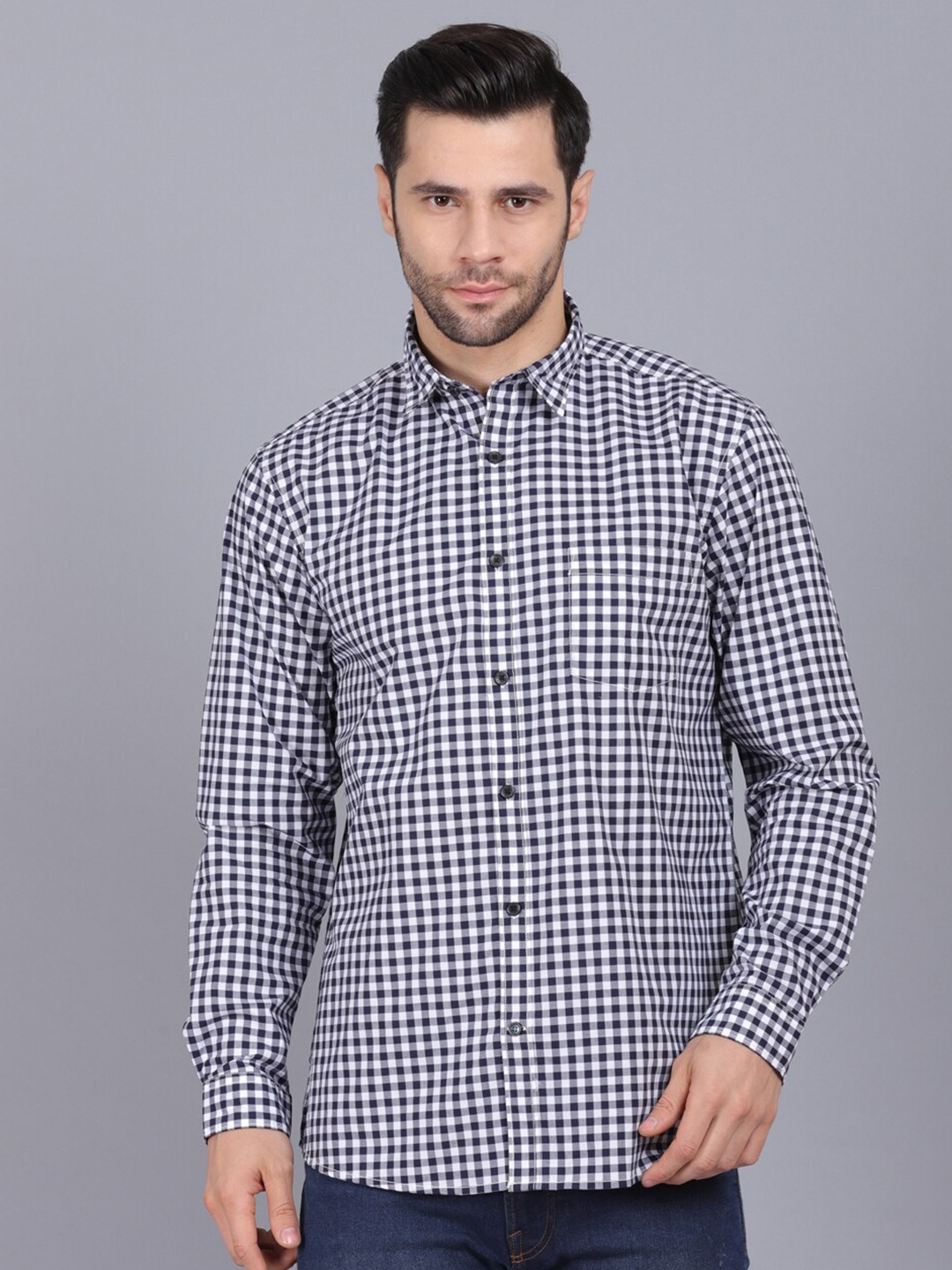 

CANOE Men Blue & White Original Slim Fit Gingham Checked Twill Cotton Casual Shirt