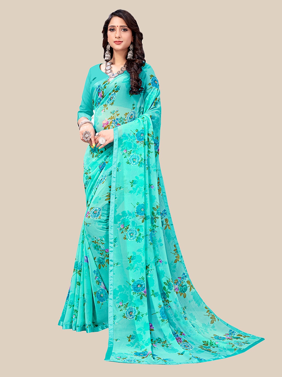 

UNITED LIBERTY Turquoise Blue Floral Pure Georgette Saree