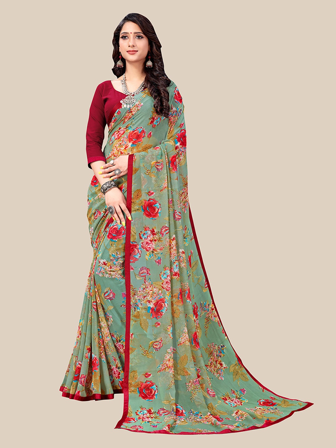 

UNITED LIBERTY Olive Green & Red Floral Pure Georgette Saree