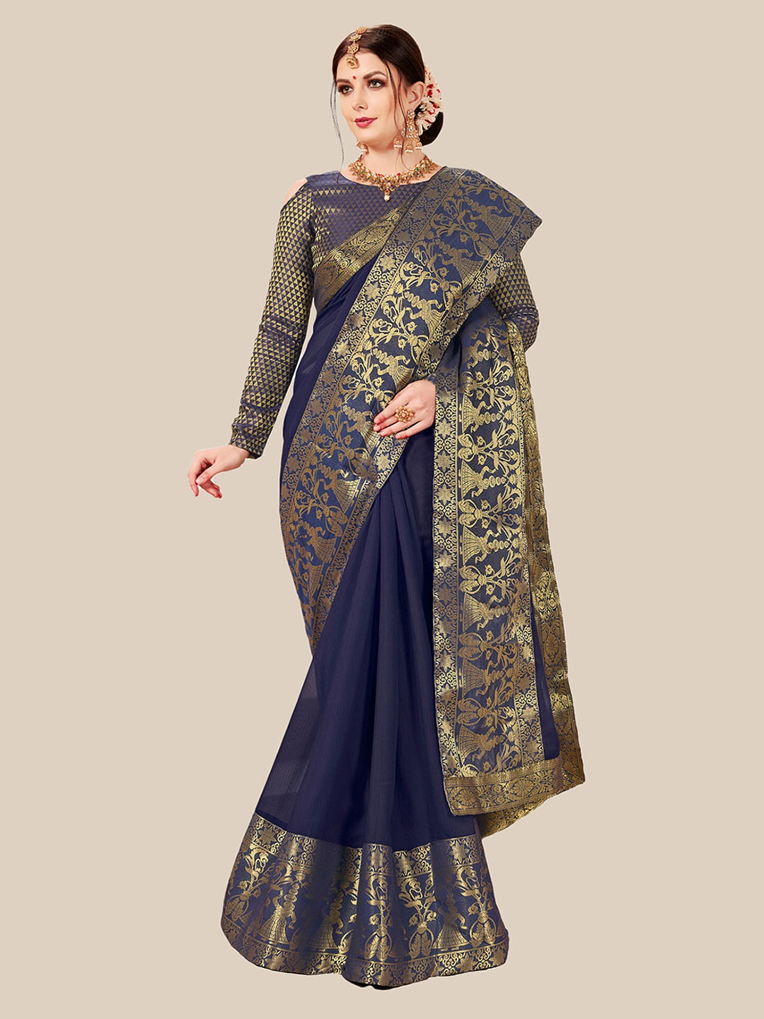 

UNITED LIBERTY Blue & Gold-Toned Woven Design Zari Pure Chiffon Block Print Saree