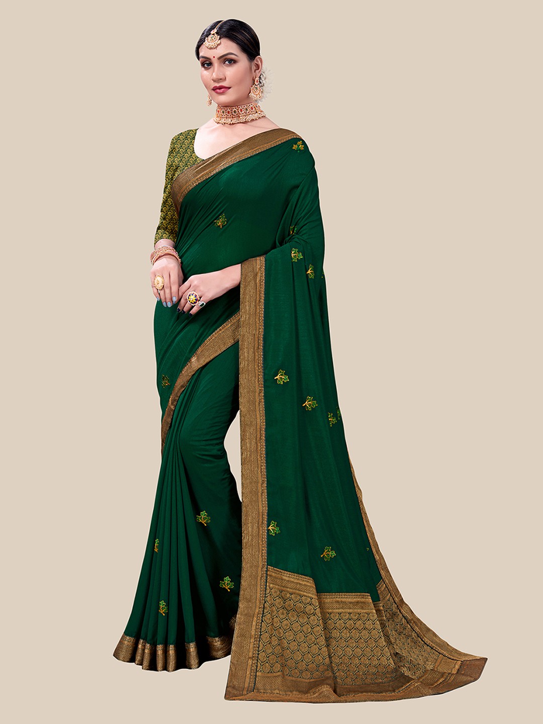 

UNITED LIBERTY Green & Golden Ethnic Motifs Embroidered Art Silk Saree